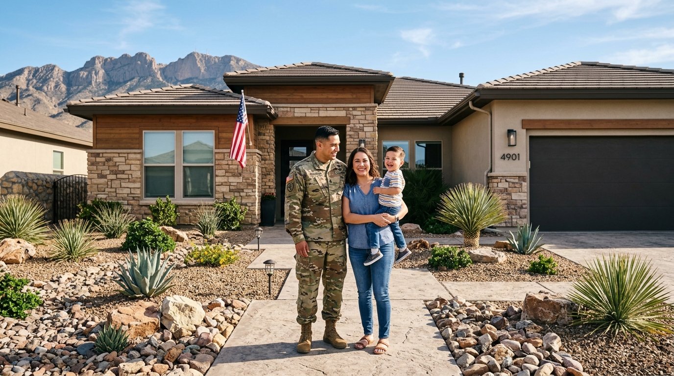 Military family in front of new home in El Paso TX with Fort Bliss background